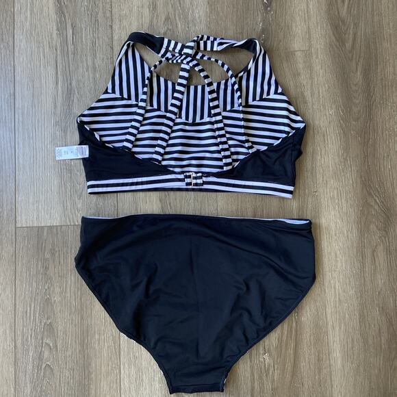 Coolibar Bikini Women Sz L Black White Stripped Sun Protective UPF 50+ - Picture 7 of 15